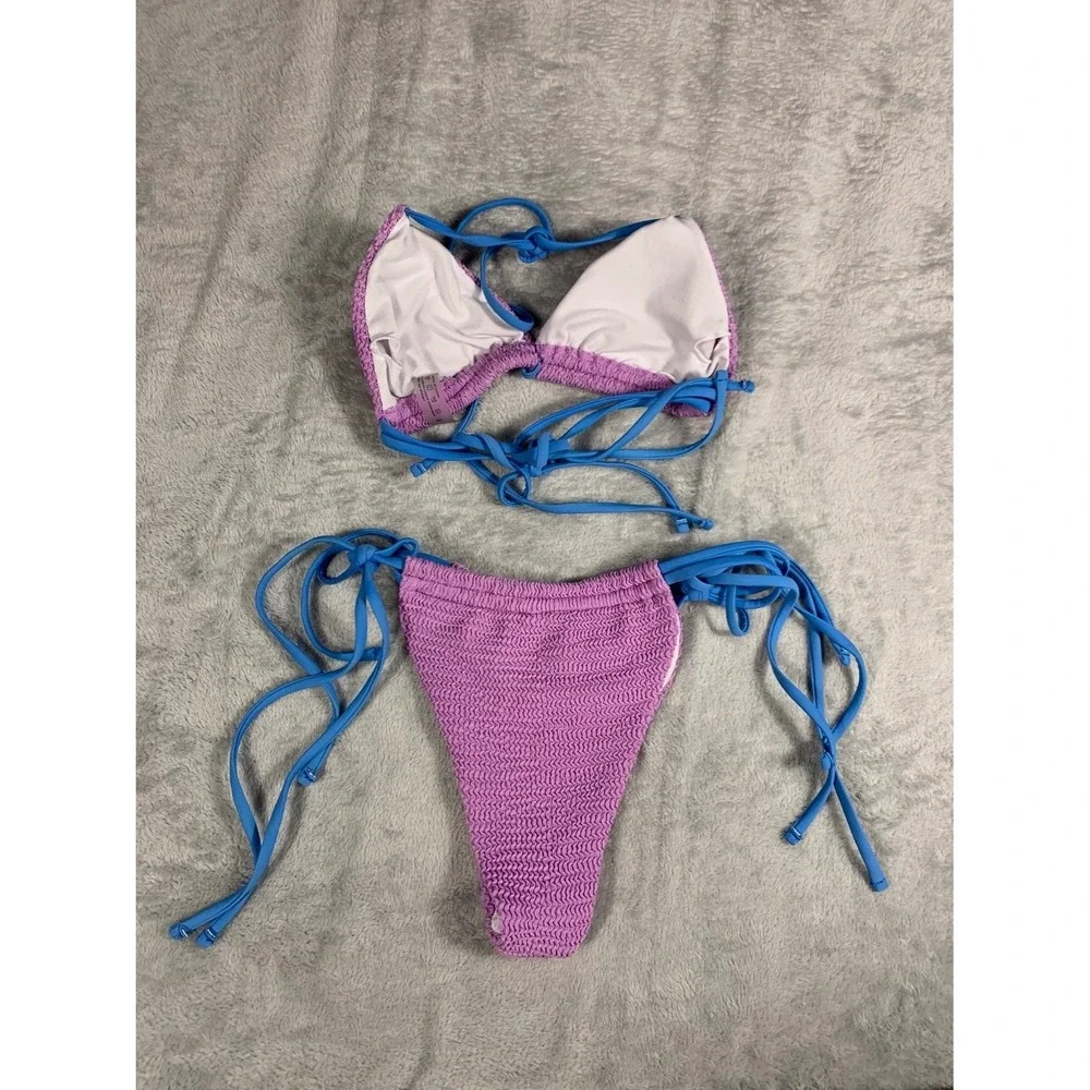 Textured Smocked Bikini Set Womens Size S Purple Blue Side Tie 2 Piece Swimsuit